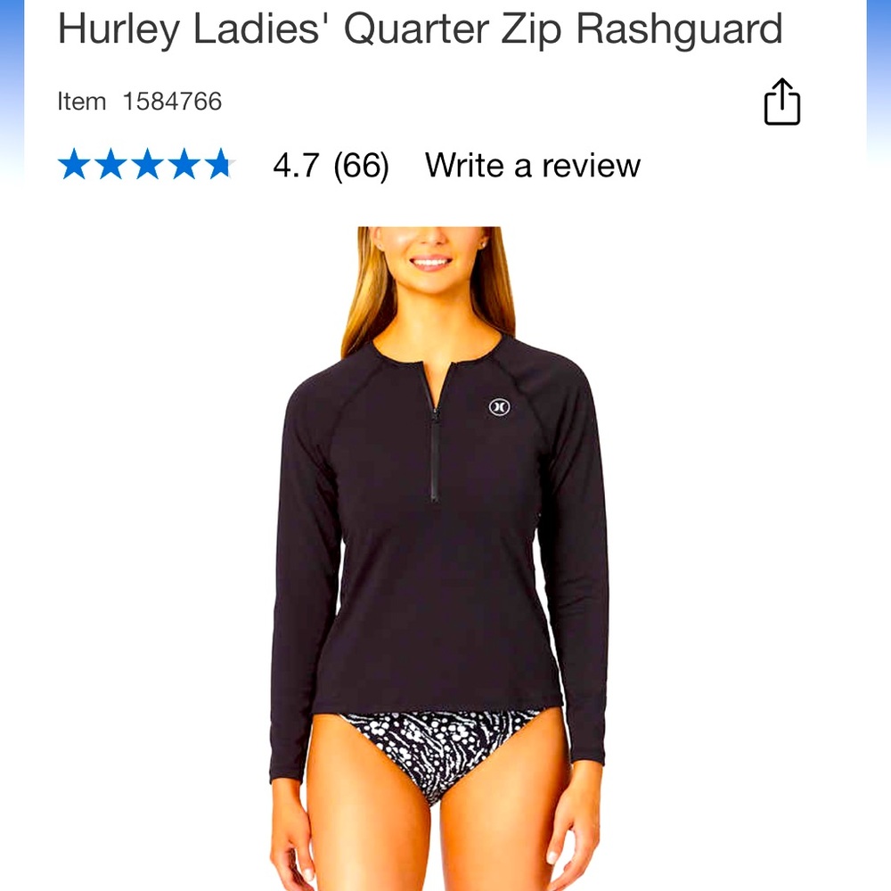 Hurley Ladies Quarter Zip Rashguard, Size S, Black